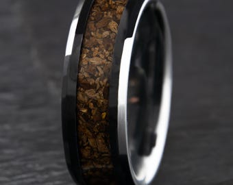 Ring dinosaurusbeen | Authentiek dinosaurusbot | Trex-triceratops | Dinosaurustrouwring | Zwart keramiek | Jura-fossiel | Jubileumcadeau