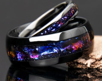 Juego de anillos Galaxy negros para él y para ella / Anillos a juego / Juego de anillos de boda Galaxy / Juego de anillos de boda / Anillos de pareja / Cerámica negra