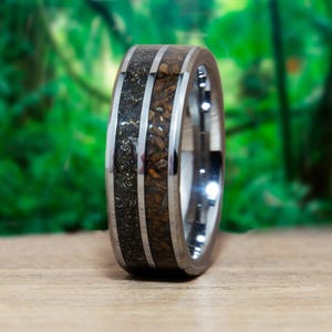 Dinosaur Bone And Meteorite Ring In Tungsten Double Channel Band - Tyrannosaurus Rex Fossil