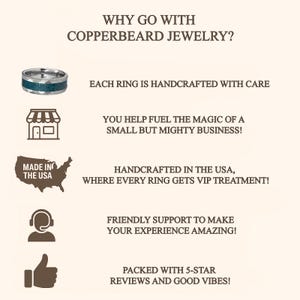 The image is a promotional graphic for copperbeard jewelry, highlighting its handmade nature, the magic of a small business, and the VIP treatment it provides.
