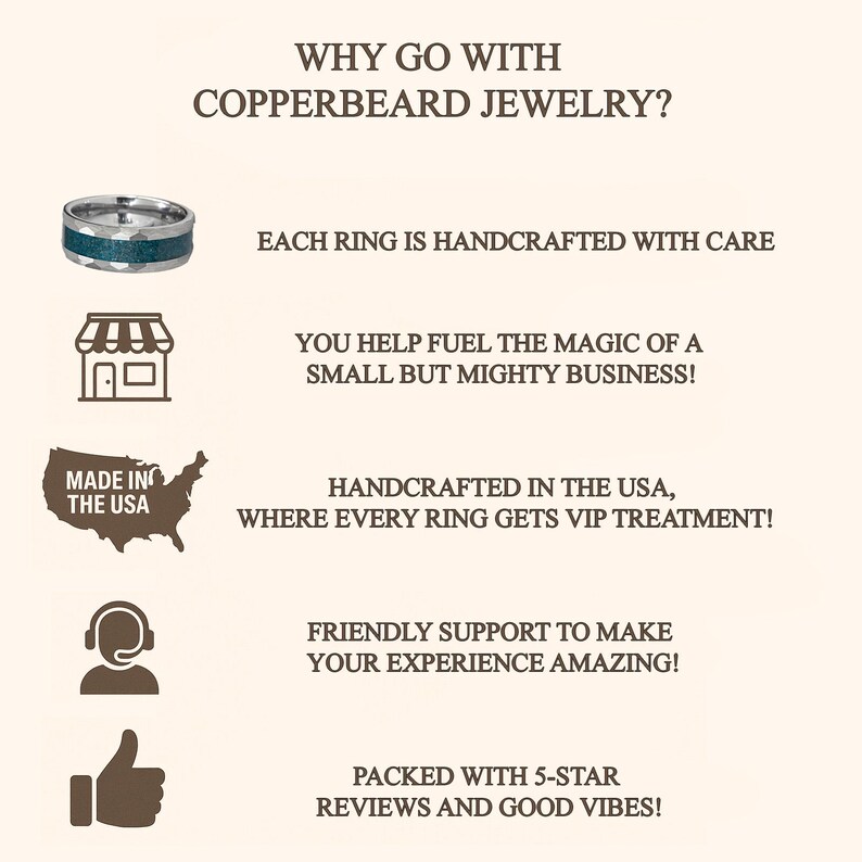 The image is a promotional graphic for copperbeard jewelry, highlighting its handmade nature, the magic of a small business, and the VIP treatment it provides.