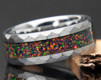 Black Fire Opal Hammered Ring | Men's Wedding Band | Fire Opal Promise Ring | Men's Anniversary Ring | Engagement Ring For Him | 8mm Width
