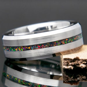 Black Fire Opal Ring | Opal Engagement Ring | Thin Channel Tungsten Band | Lab Grown Opal | Men's Wedding Band | Comfort Fit | Anniversary