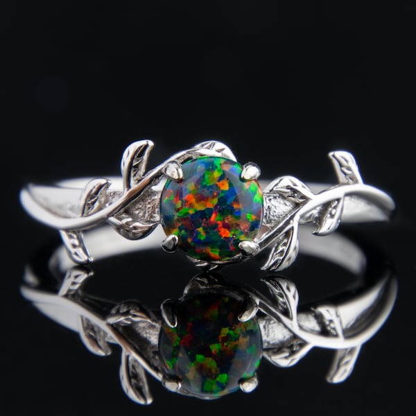 Black Fire Opal Silver Leaf Branch Ring | Nature Inspired | 925 Sterling Silver | Opal Engagement Wedding Ring For Her | Opal Twig Ring
