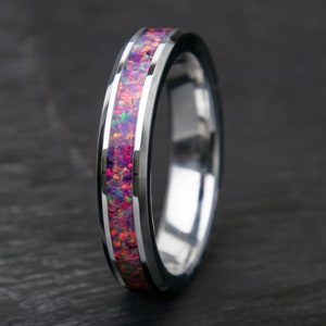 Purple Opal Ring, Tungsten Band | Opal Women's Wedding Band | Promise Ring | Opal Gift | Opal Eternity Ring | Engagement Anniversary | 4mm