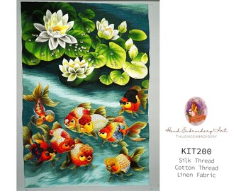KIT200 Advanced Embroidery Kit, Fish in lotus pond design by ThuongEmbroidery, Plus 30% embroidery thread