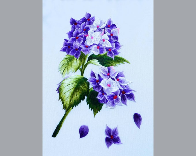 COMPLETED Hand Embroidery Artwork - Beautiful Purple Hydrangeas