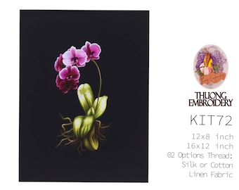 ORDER - Hand Embroidery KIT 72 'Orchids Flower', Embroidery Thread 'Fine Cotton',  Linen Fabric 'Black', Size 16x20"