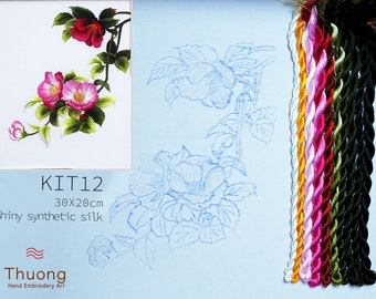 KIT12 Easy Embroidery Kit, Red wildflowers design by ThuongEmbroidery, Plus 30% embroidery thread