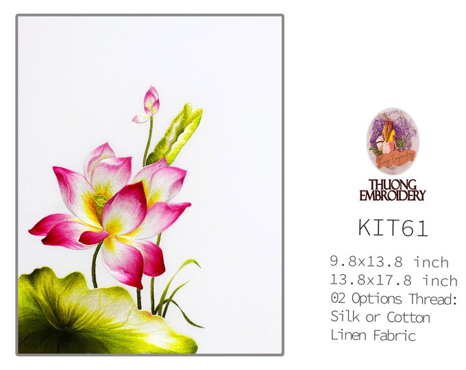 KIT61 Intermediate Embroidery Kit, Beautiful Lotus design by ThuongEmbroidery, Plus 30% embroidery thread