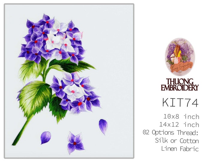 KIT74 Easy Embroidery Kit, Purple hydrangeas design by ThuongEmbroidery, Plus 30% embroidery thread
