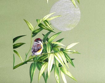 KIT 240 Hand Embroidery: Little Bird on Bamboo. Embroidery Design by ThuongEmbroidery