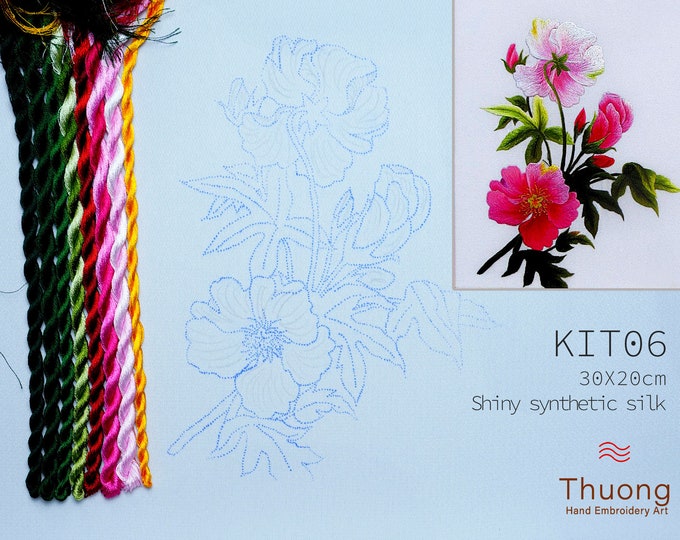 Embroidery KIT EK06: "Wildflowers" - Shiny Synthetic Silk Thread, Colour Variations Thread, Raw Linen Fabric - Thuong Embroidery