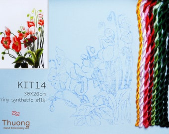 KIT14 Easy Embroidery Kit, Red Wildflowers design by ThuongEmbroidery, Plus 30% embroidery thread