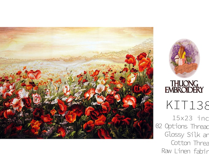 Embroidery KIT EK138: "field wild flowers"  flower house "Glossy Silk and Cotton Thread", Raw Linen - Commercial Embroidery