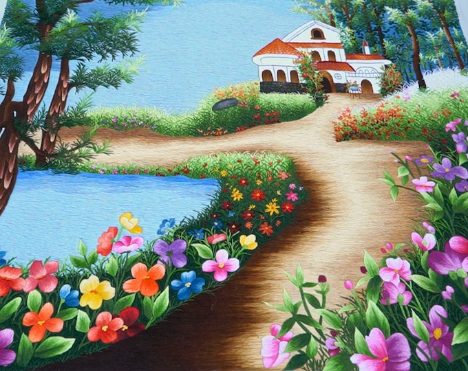 COMPLETED Embroidery Artwork (unframed) - Charming Flower House design by ThuongEmbroidery