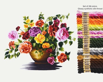 KIT35 Advanced Embroidery Kit, Vase of Colorful Roses design by ThuongEmbroidery, Plus 30% embroidery thread