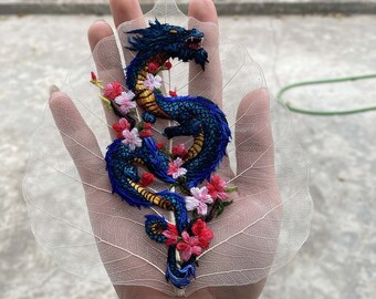 Blue Dragon Embroidery on Bodhi Leaves