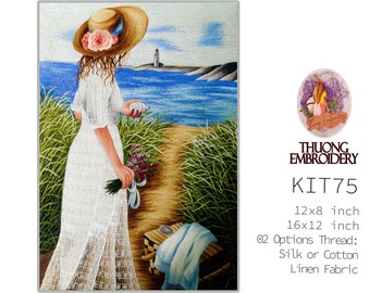 KIT75 Intermediate Embroidery Kit, Girl with river design by ThuongEmbroidery, Plus 30% embroidery thread