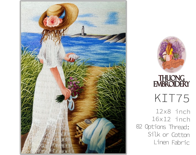 KIT75 Intermediate Embroidery Kit, Girl with river design by ThuongEmbroidery, Plus 30% embroidery thread