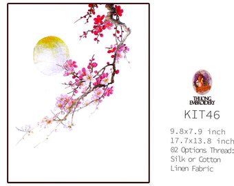 KIT46 Easy Embroidery Kit, Beautiful Peach Blossoms design by ThuongEmbroidery, Plus 30% embroidery thread