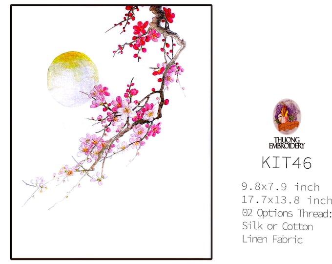 Embroidery KIT EK46: "Blooming peach blossoms" - 02 Options Synthetic Silk Thread or Cotton Thread / Linen Fabric / Embroidery Pattern