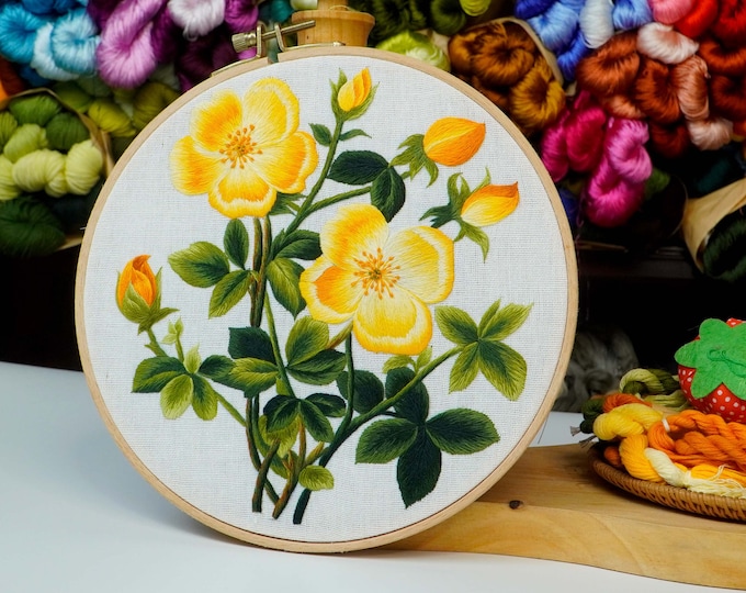 KIT226 Easy Embroidery Kit, Yellow Wild Rose design by ThuongEmbroidery, Plus 30% embroidery thread