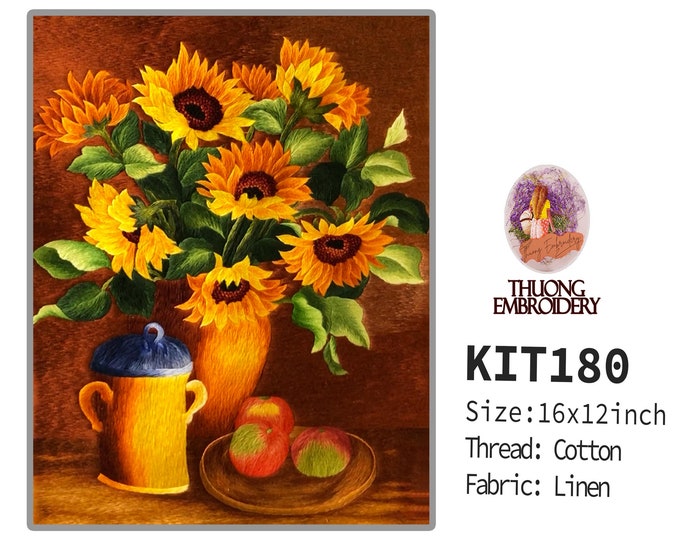 KIT180 Advanced Embroidery Kit, Vase of sunflowers design by ThuongEmbroidery, Plus 30% embroidery thread