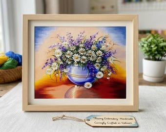 White Daisy and Purple Lavender Flowers Embroidery Kit, Vietnamese Fabric and Threads