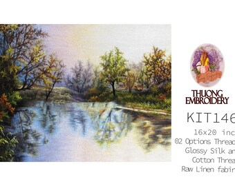 Embroidery KIT EK146: "autumn lake"  flower house "Glossy Silk and Cotton Thread", Raw Linen - Commercial Embroidery