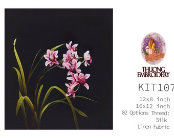 Hand Embroidery KIT 107 'Orchids Flower', Embroidery Thread Options 'Glossiest Silk' or 'Fine Cotton',  Linen Fabric 'White' or 'Black'
