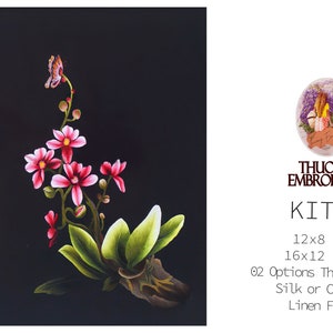 May include: Embroidery kit featuring a pink orchid with a butterfly on a black background. The kit includes 12x8 inch and 16x12 inch options, silk or cotton thread, and linen fabric.  The kit is labeled "KIT70".