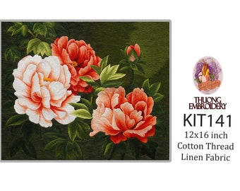 KIT141 Advanced Embroidery Kit, Peony flower design by ThuongEmbroidery, Plus 30% embroidery thread