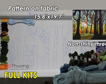 KIT27 Advanced Embroidery Kit, Sunlight through the forest design by ThuongEmbroidery, Plus 30% embroidery thread