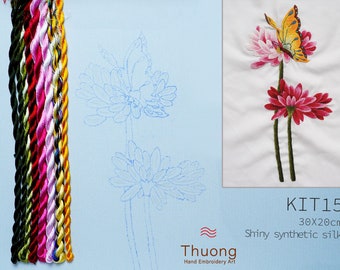Embroidery KIT EK15: "Wildflowers" - Shiny Synthetic Silk Thread, Colour Variations Thread, Raw Linen Fabric - Thuong Embroidery