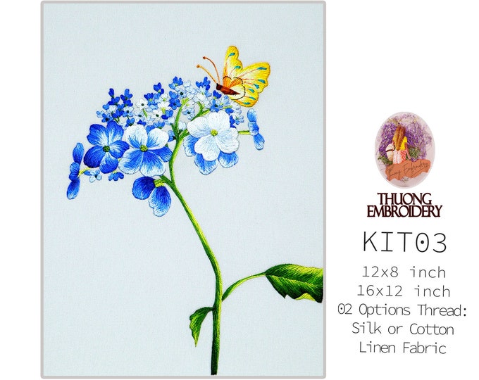 KIT03 Easy Embroidery Kit, Blue Wildflowers design by ThuongEmbroidery, Plus 30% embroidery thread