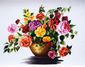 COMPLETED Hand Embroidery Artwork - Colorful Roses - Without Frame