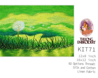 Embroidery KIT 71: "Dandelion flower" - Synthetic Silk and Cotton Thread / Linen Fabric / Embroidery Pattern Set