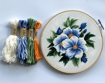 KIT102 Easy Embroidery Kit, Blue wildflowers design by ThuongEmbroidery, Plus 30% embroidery thread