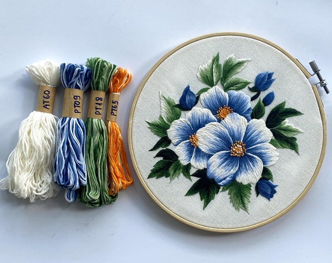 KIT102 Easy Embroidery Kit, Blue wildflowers design by ThuongEmbroidery, Plus 30% embroidery thread