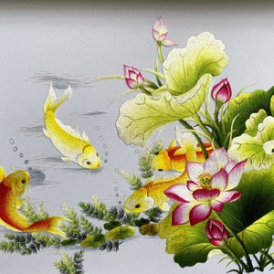 KIT219 Advanced Embroidery Kit, Lotus pond and carp fishes design by ThuongEmbroidery, Plus 30% embroidery thread