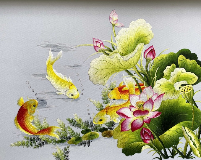 KIT219 Advanced Embroidery Kit, Lotus pond and carp fishes design by ThuongEmbroidery, Plus 30% embroidery thread