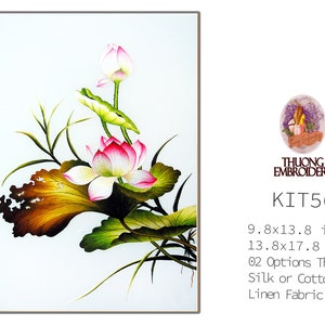 May include: Embroidered lotus flower design kit, featuring a pink and white lotus flower with green leaves and a brown leaf. The kit includes 02 options for thread: silk or cotton, and linen fabric. The kit is available in two sizes: 9.8x13.8 inches and 13.8x17.8 inches.