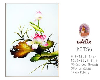 KIT56 Lotus Embroidery Kit - Embroidery Kit Flower - Thread Color Diagram + Video Tutorial - Birthday Gift