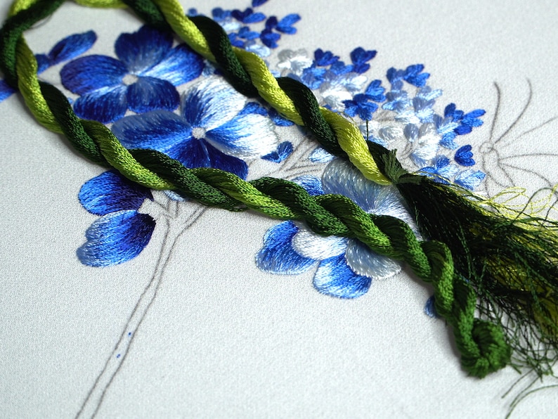 May include: Close-up of embroidery floss in green and yellow shades, with a background of blue and white embroidered flowers.
