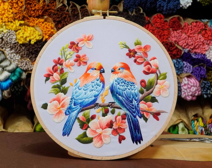 COMPLETED Hand Embroidery Artwork - Pair of birds and Blooming flowers