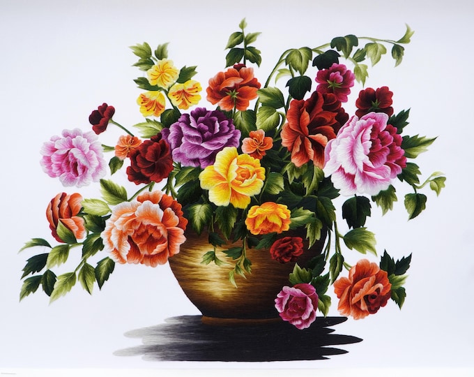 Colorful Rose Basket – Vietnamese Handmade Embroidery Artwork
