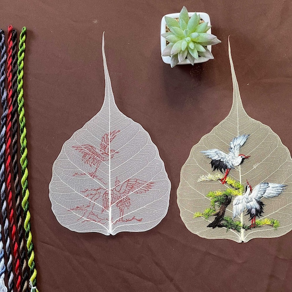 KIT212 Kit de broderie de feuilles Bodhi, motif couple grue par ThuongEmbroidery, plus 30 % de fil à broder