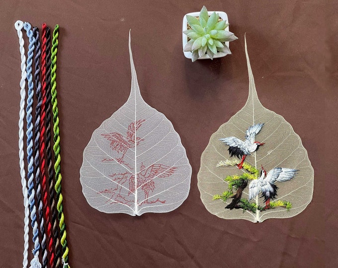 KIT212 Bodhi Leaf Embroidery Kit, Crane Couple design by ThuongEmbroidery, Plus 30% embroidery thread