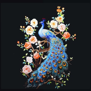 May include: Embroidered peacock with a blue and green tail feathers perched on a branch with pink and white flowers. The background is black.